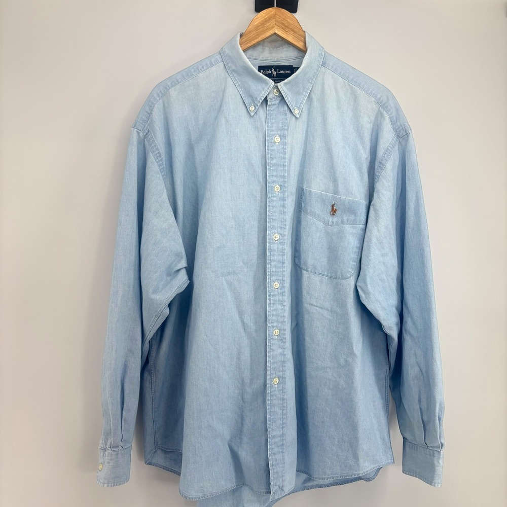 Vintage 90s Ralph Lauren Big Shirt XL Chambray Blue Oversized Pony Button Down